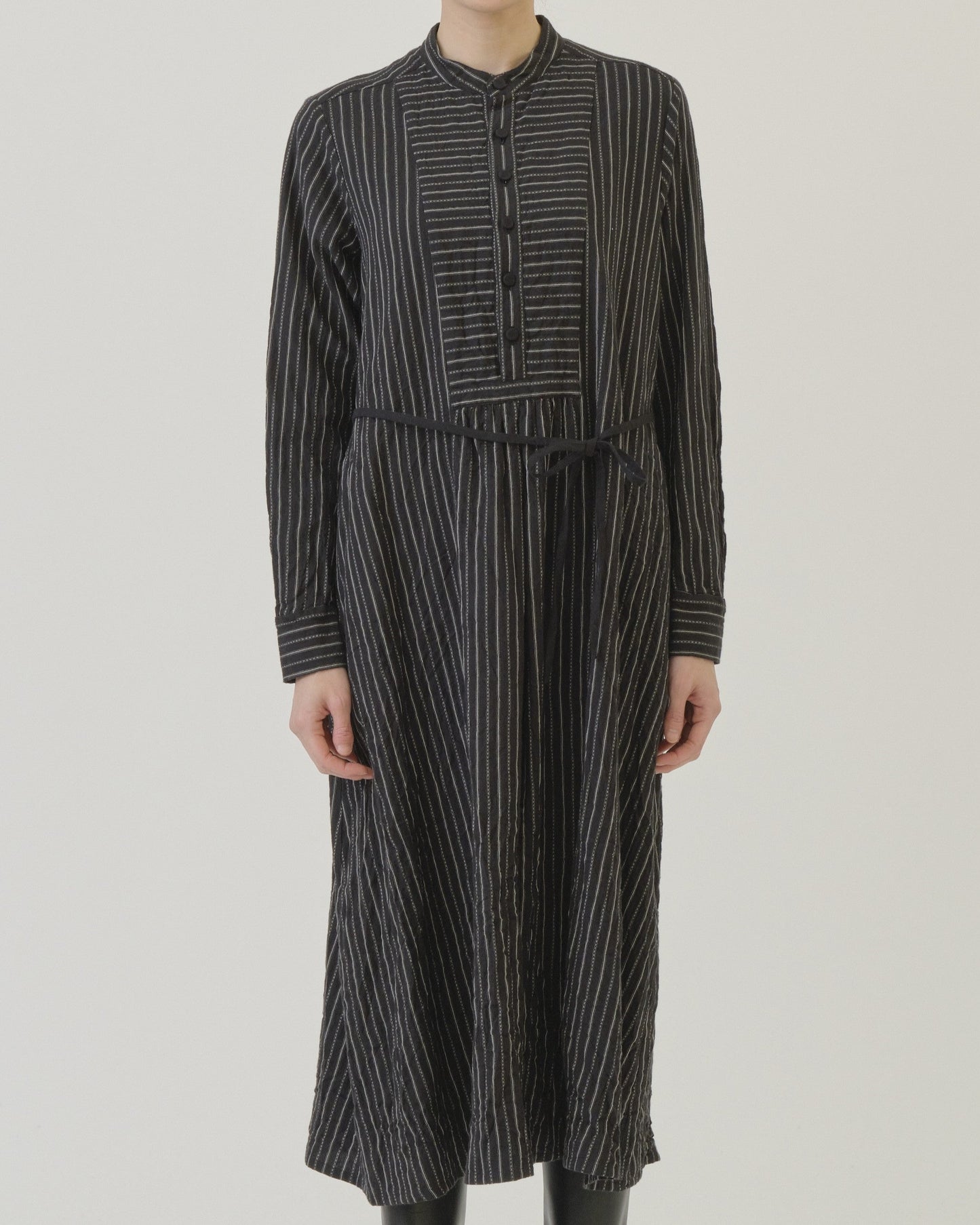 Pa de Calais Dobby Stripe Shirring Brushed Dress Black-Pas De Calais-Thistle Hill