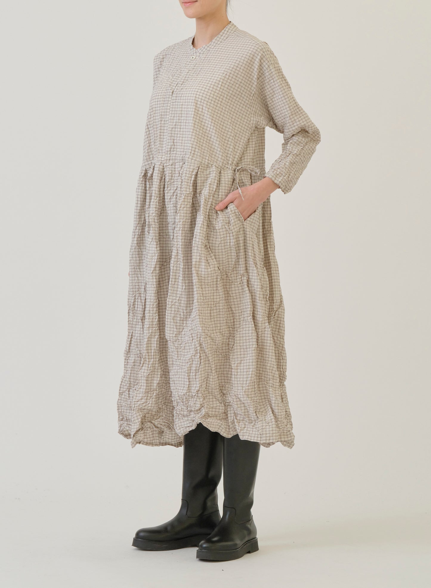 Pas de Calais Washed Organic Cotton Mini Checkered Dress Off White-Pas De Calais-Thistle Hill