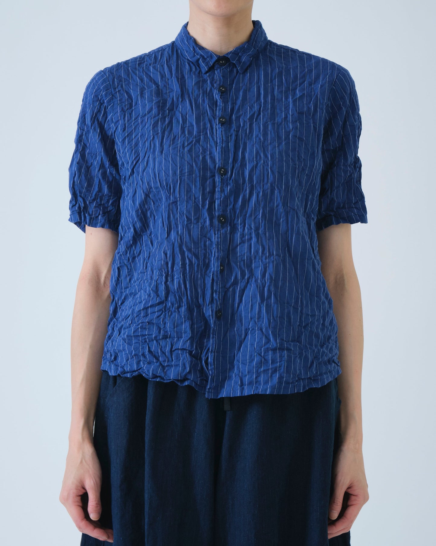 Pas de Calais Blue Shirring Stripe Short Sleeve Blouse Navy-Pas De Calais-Thistle Hill