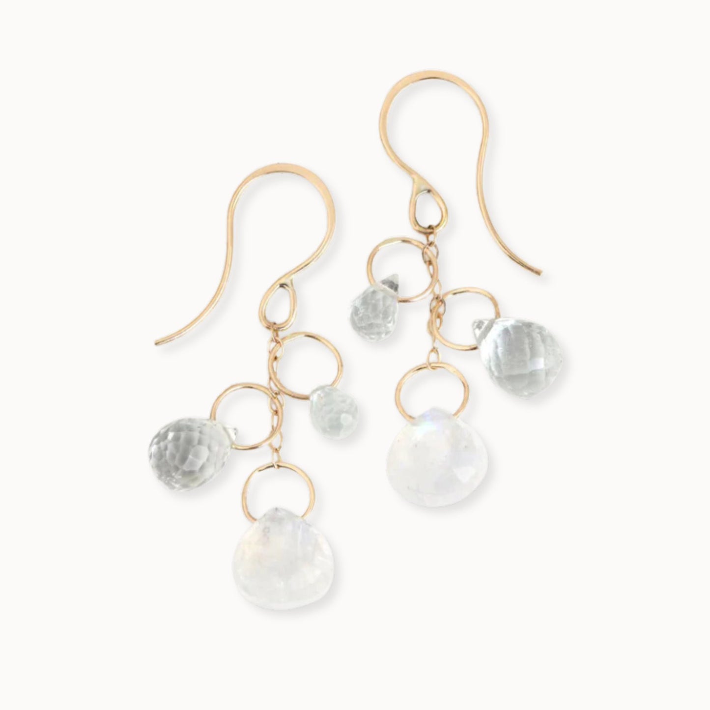 Melissa Joy Manning 14k Gold Aquamarine, White Topaz + Rainbow Moonstone Triple Drop Chain Earrings-Melissa Joy Manning-Thistle Hill