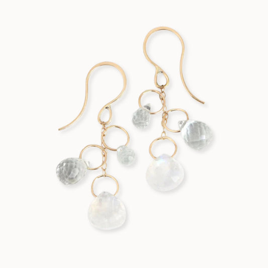 Melissa Joy Manning 14k Gold Aquamarine, White Topaz + Rainbow Moonstone Triple Drop Chain Earrings-Melissa Joy Manning-Thistle Hill