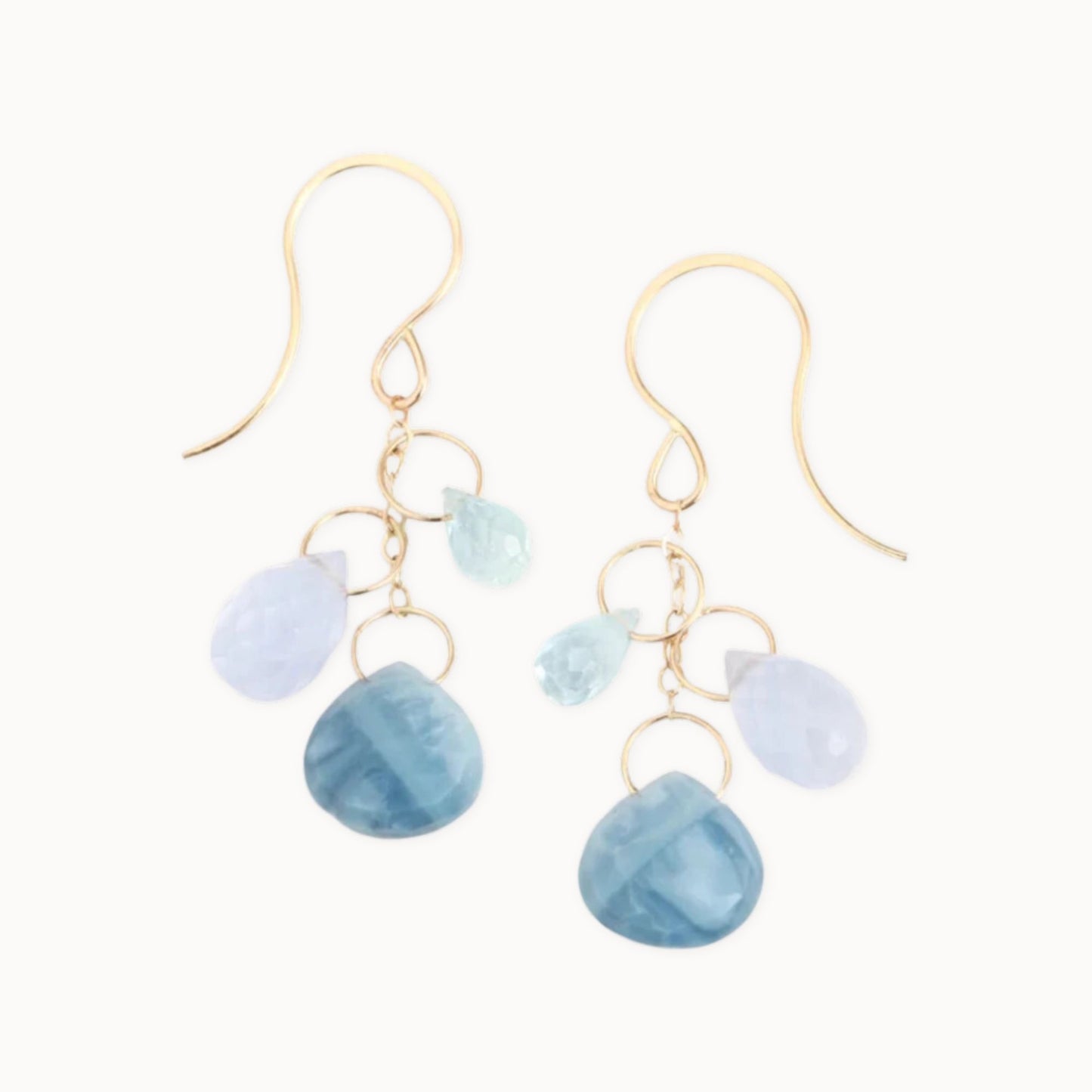 Melissa Joy Manning 14k Gold Blue Topaz, Chalcedony + Blue Opal Triple Drop Chain Earrings