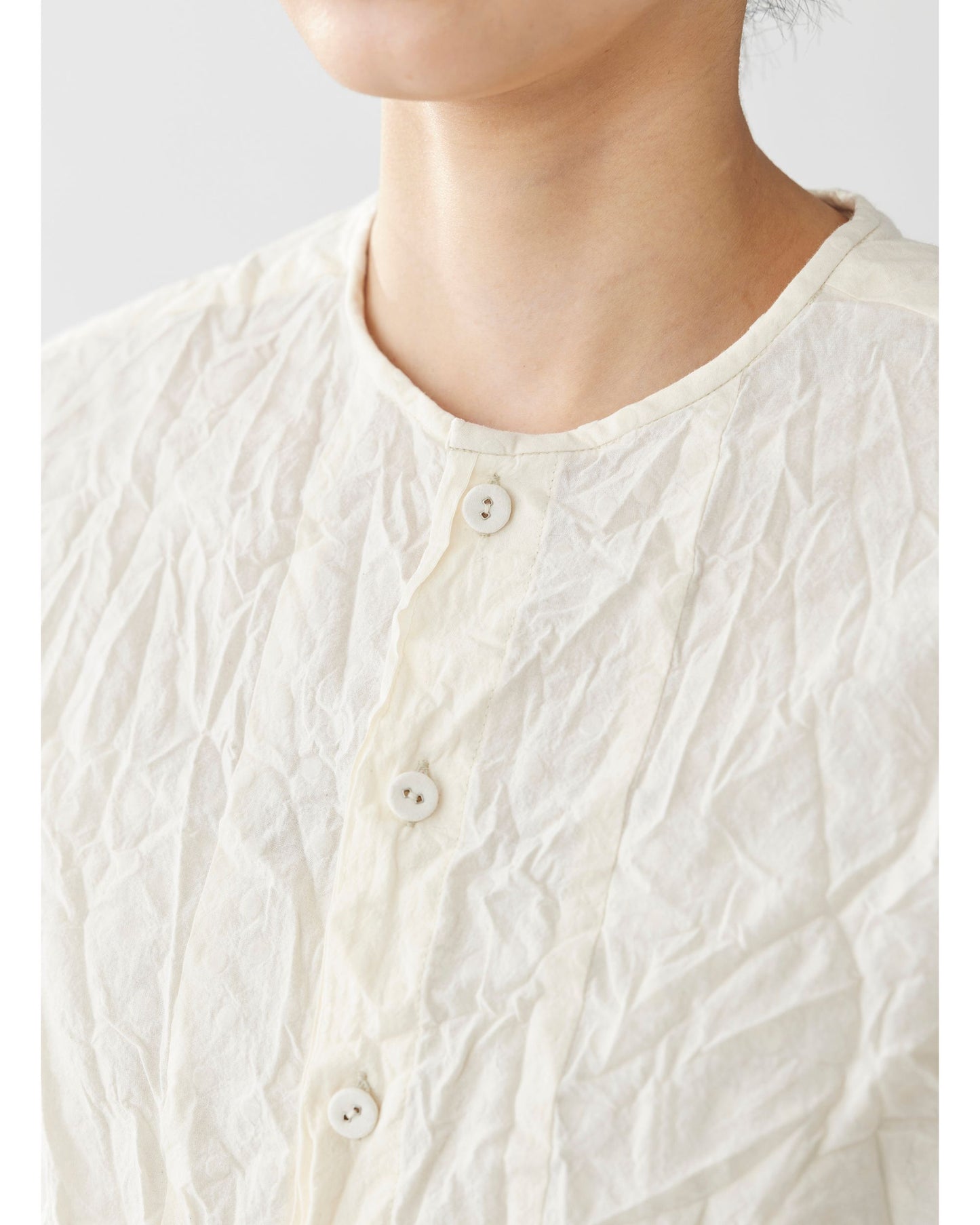 Pas de Calais Dobby Collarless Crinkle Blouse White Cotton