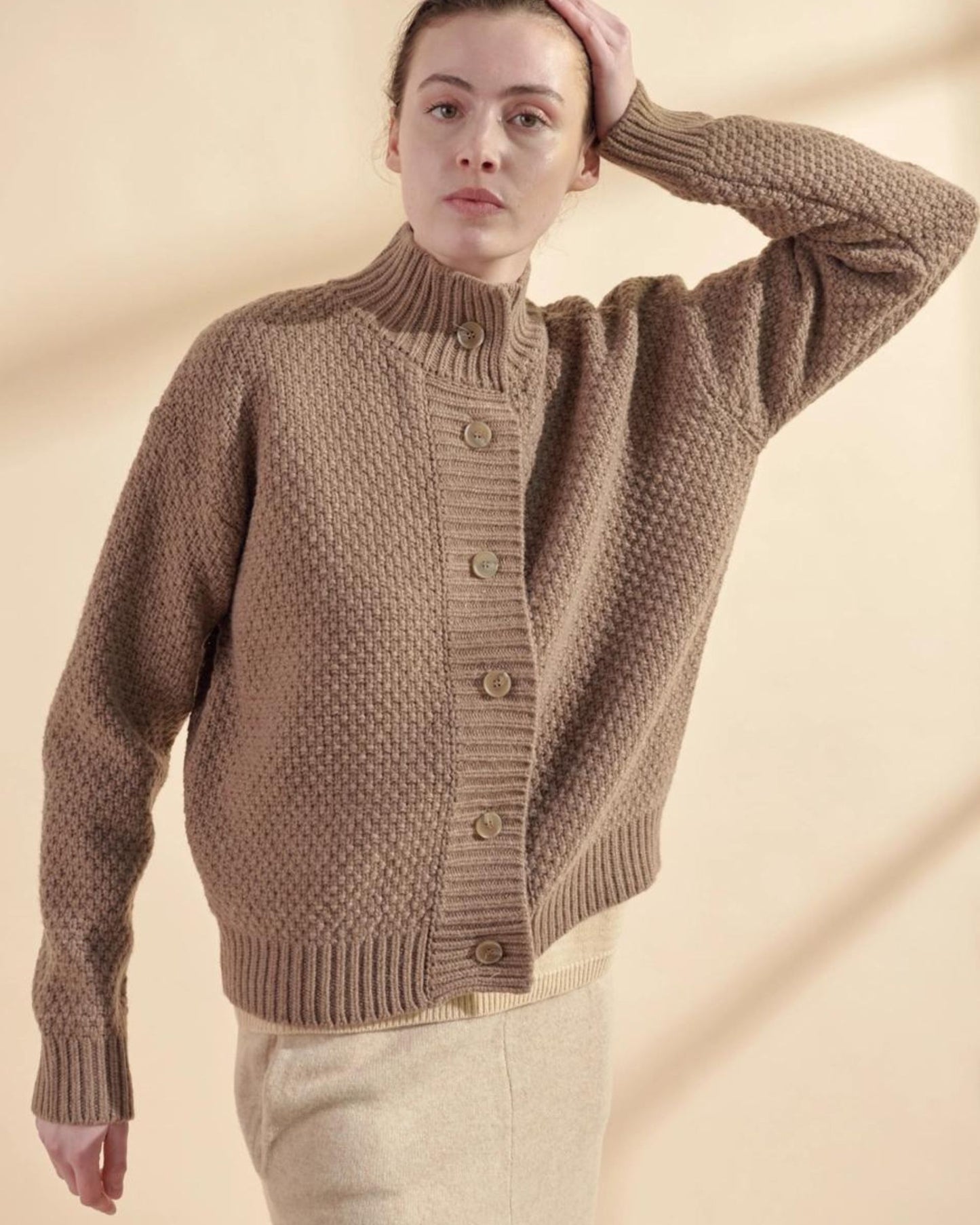 Amente Wool High Neck Sweater Cardigan Brown