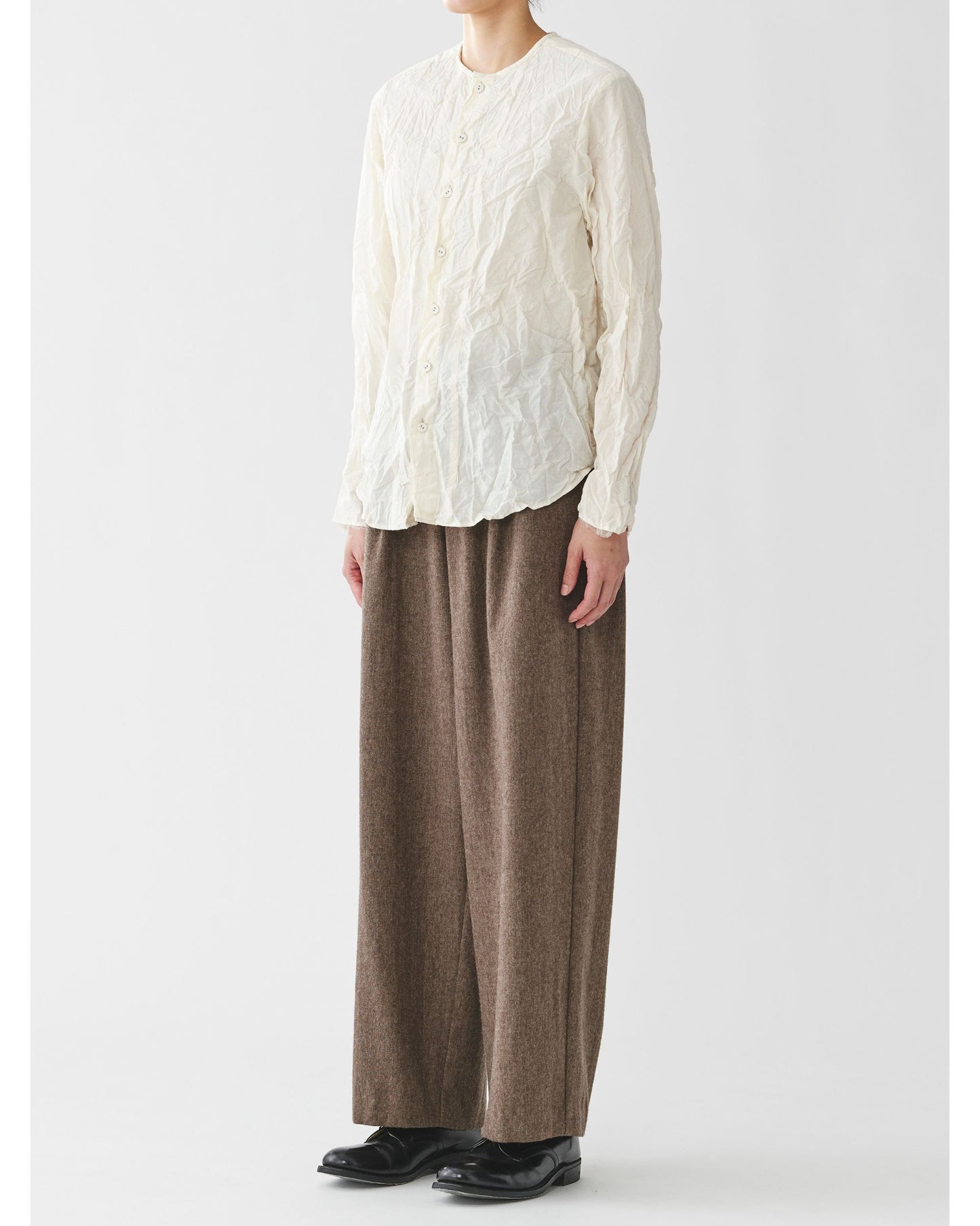 Pas de Calais Dobby Collarless Crinkle Blouse White Cotton