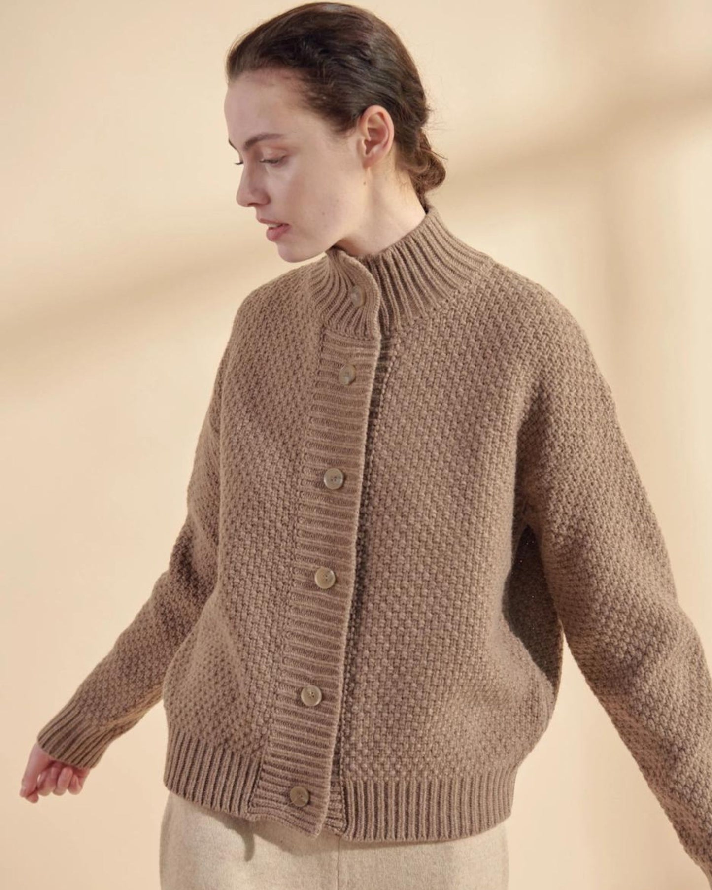 Amente Wool High Neck Sweater Cardigan Brown