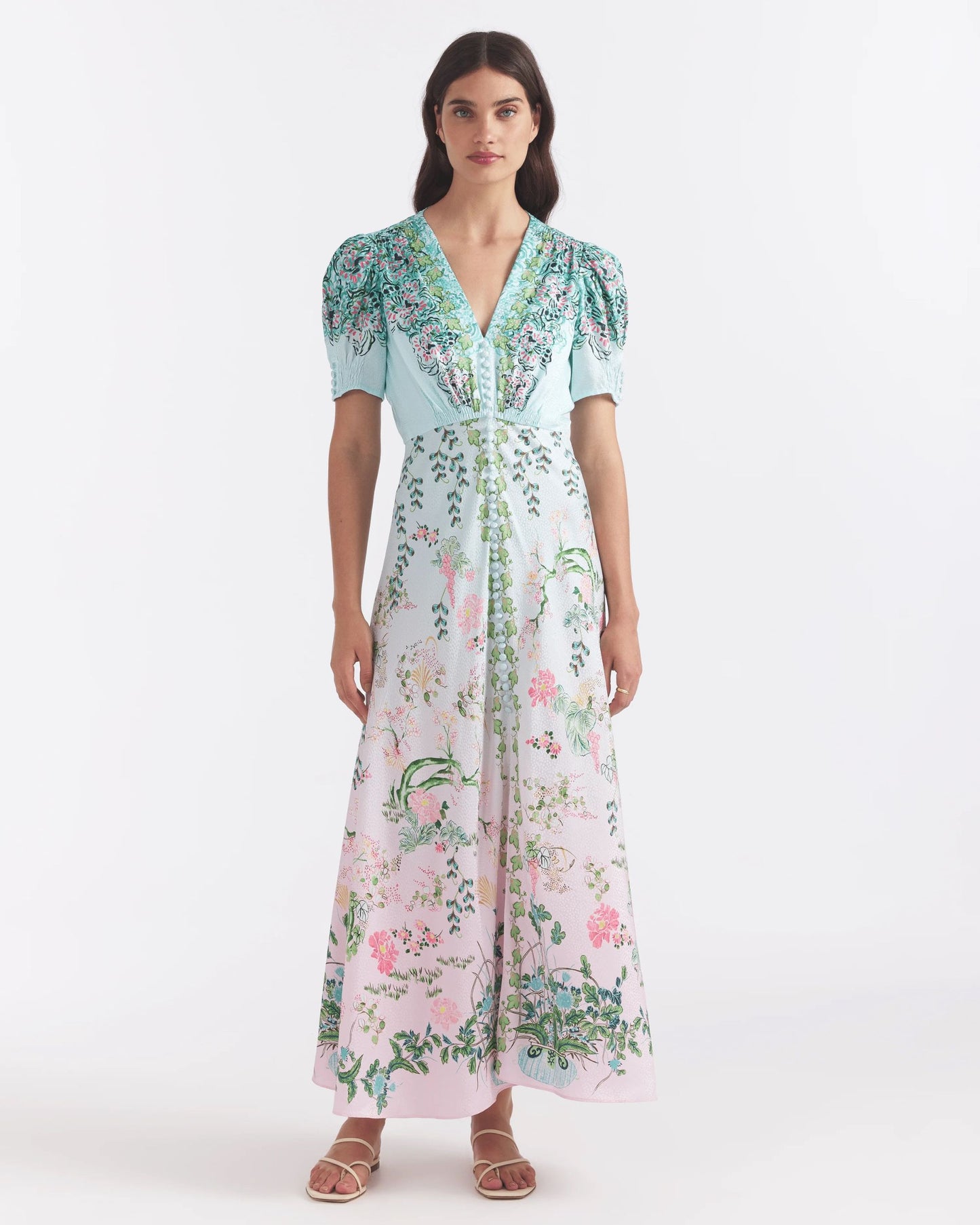 Saloni Lea Long Dress In Willow Garden