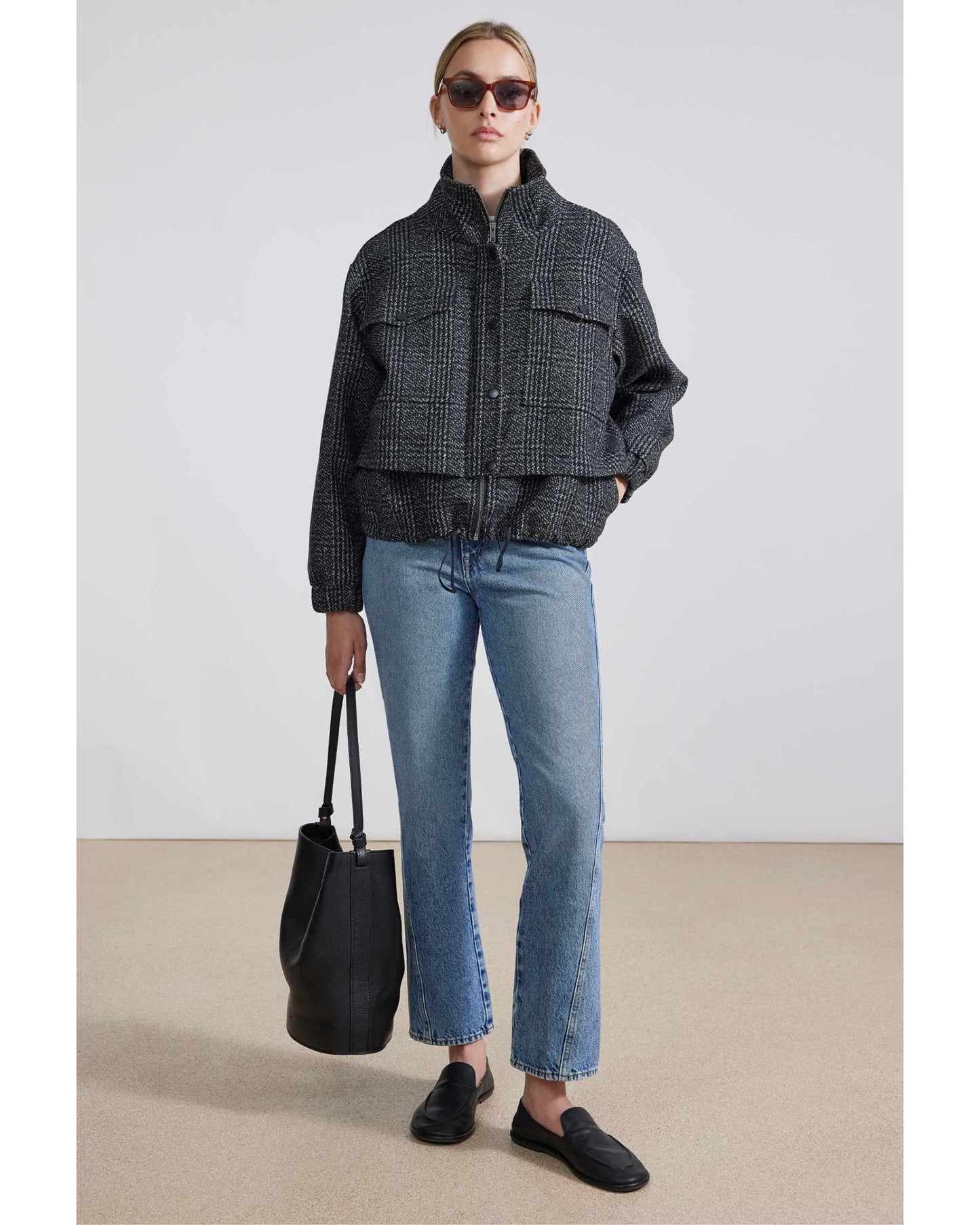 Apiece Apart Selva Cropped Bomber Plaid Black