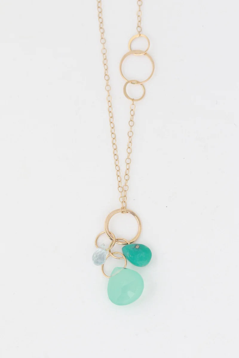 Melissa Joy Manning 14K yellow gold Aqua, Turquoise and Green Chalcedony Necklace