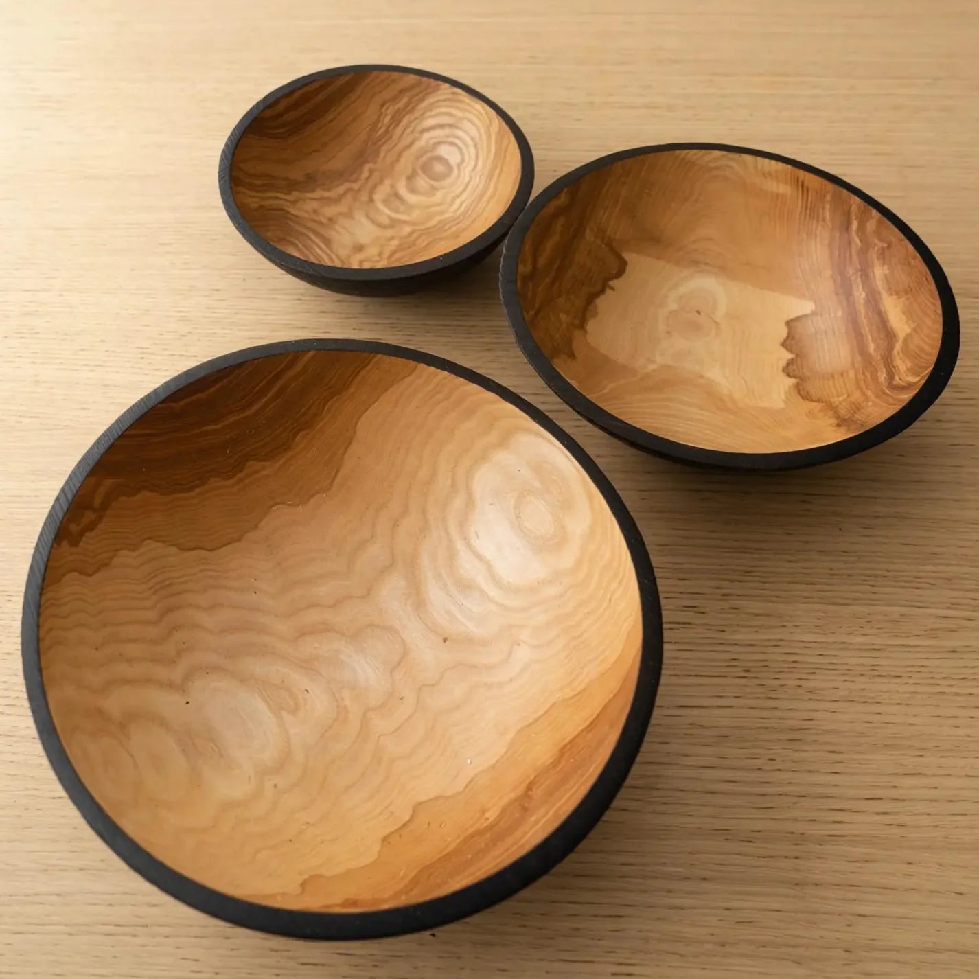Hand-Carved Charred Wooden Nesting Bowl Set