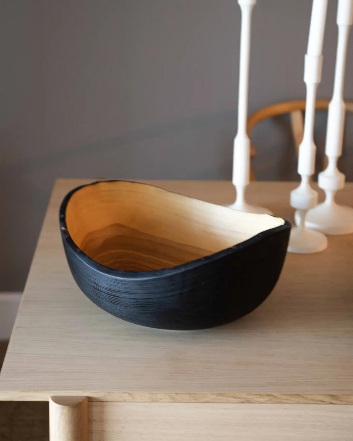 Hand-Carved Ebonized Oblong Ash Fruit Bowl