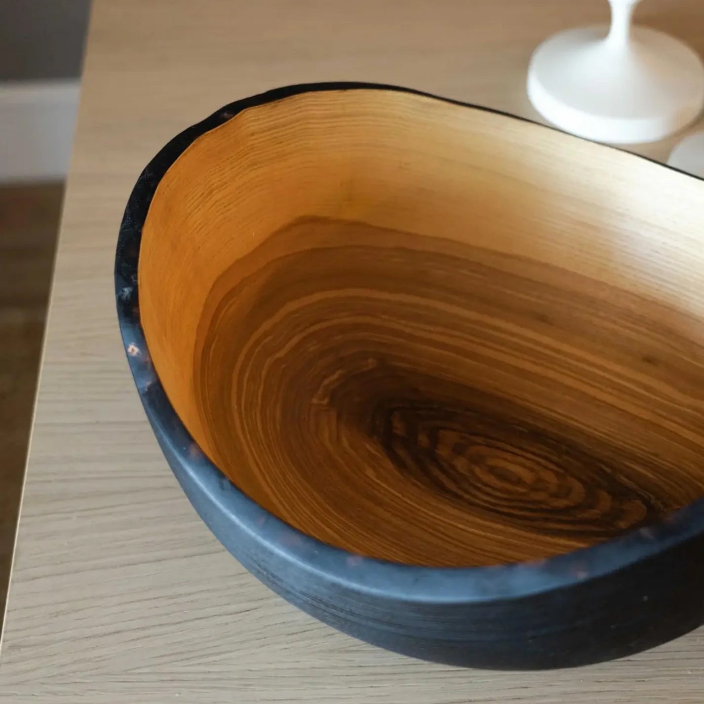 Hand-Carved Ebonized Oblong Ash Fruit Bowl