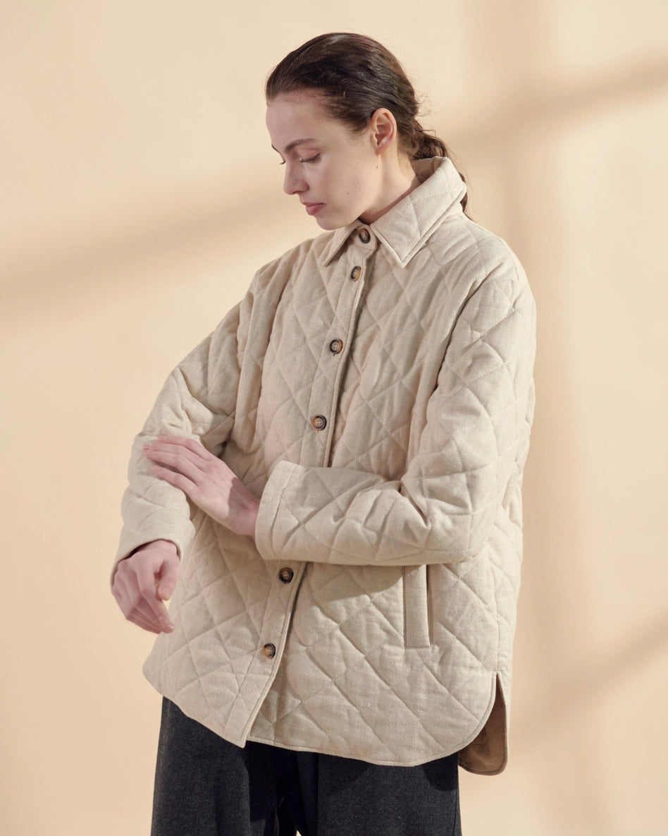 Amente Quilted Button Down Shirt Jacket Oatmeal