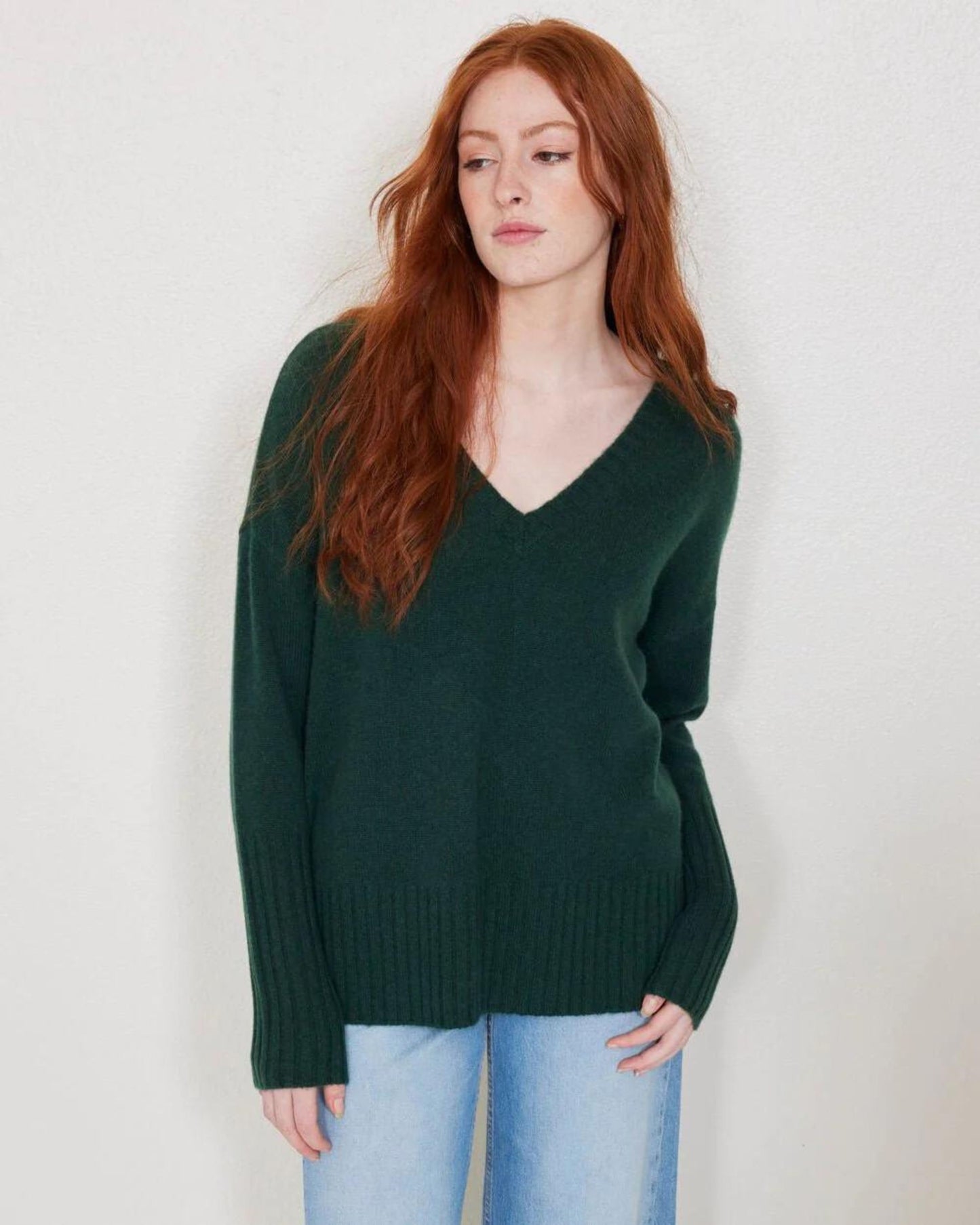 Not Monday Elle Cashmere V Neck Sweater Jade