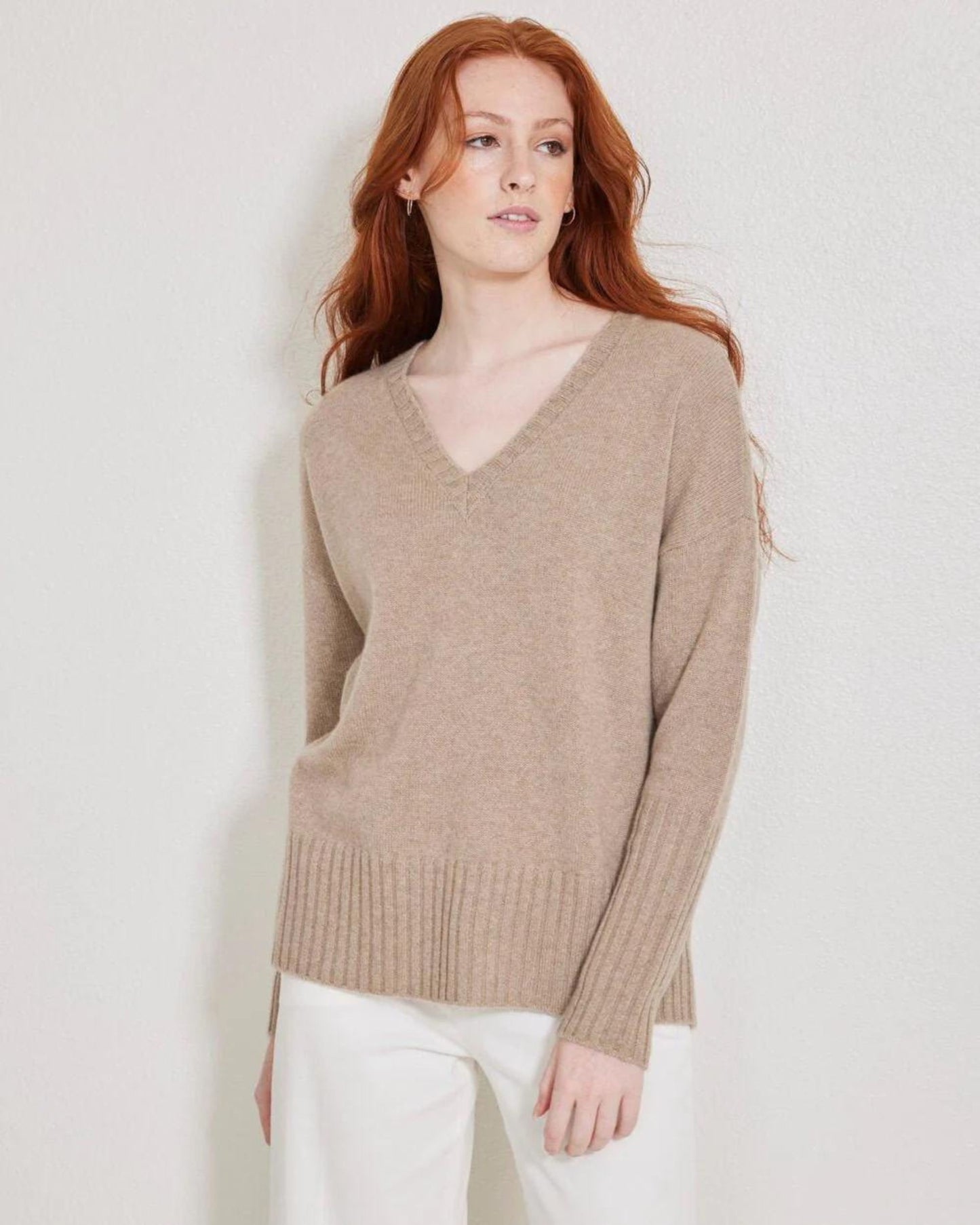 Monday Ella Cashmere V Neck Sweater Latte