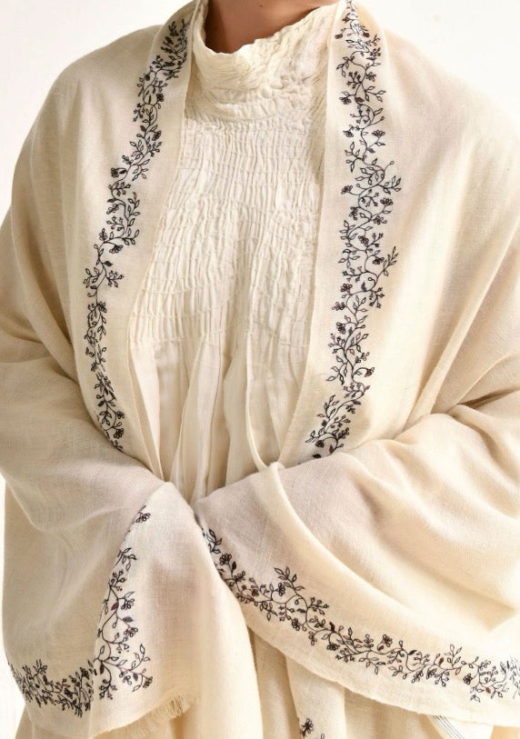 Maku Pakeezah Cream Scarf with Floral Embroidery-Maku-Thistle Hill