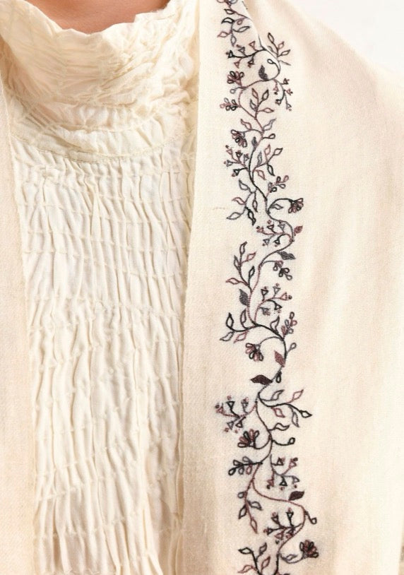 Maku Pakeezah Cream Scarf with Floral Embroidery-Maku-Thistle Hill