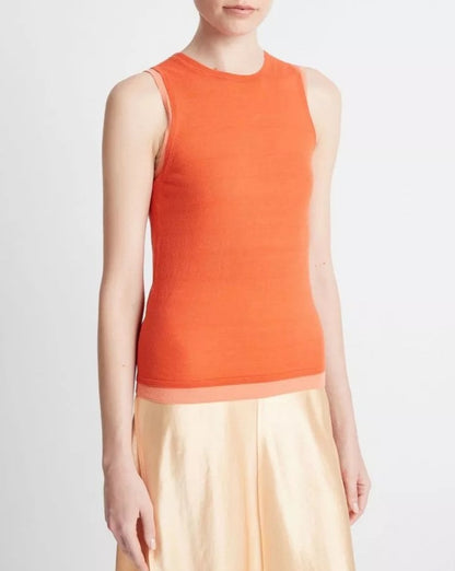 Vince Double-Layer Knit Shell Sweater Coral