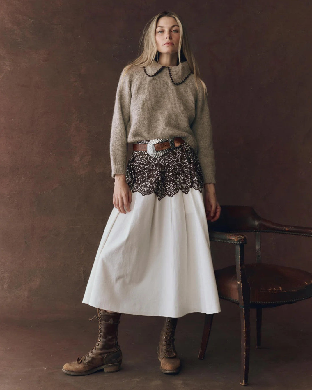 The Great The Crochet Collar Pullover Oat with Brown-The Great-Thistle Hill