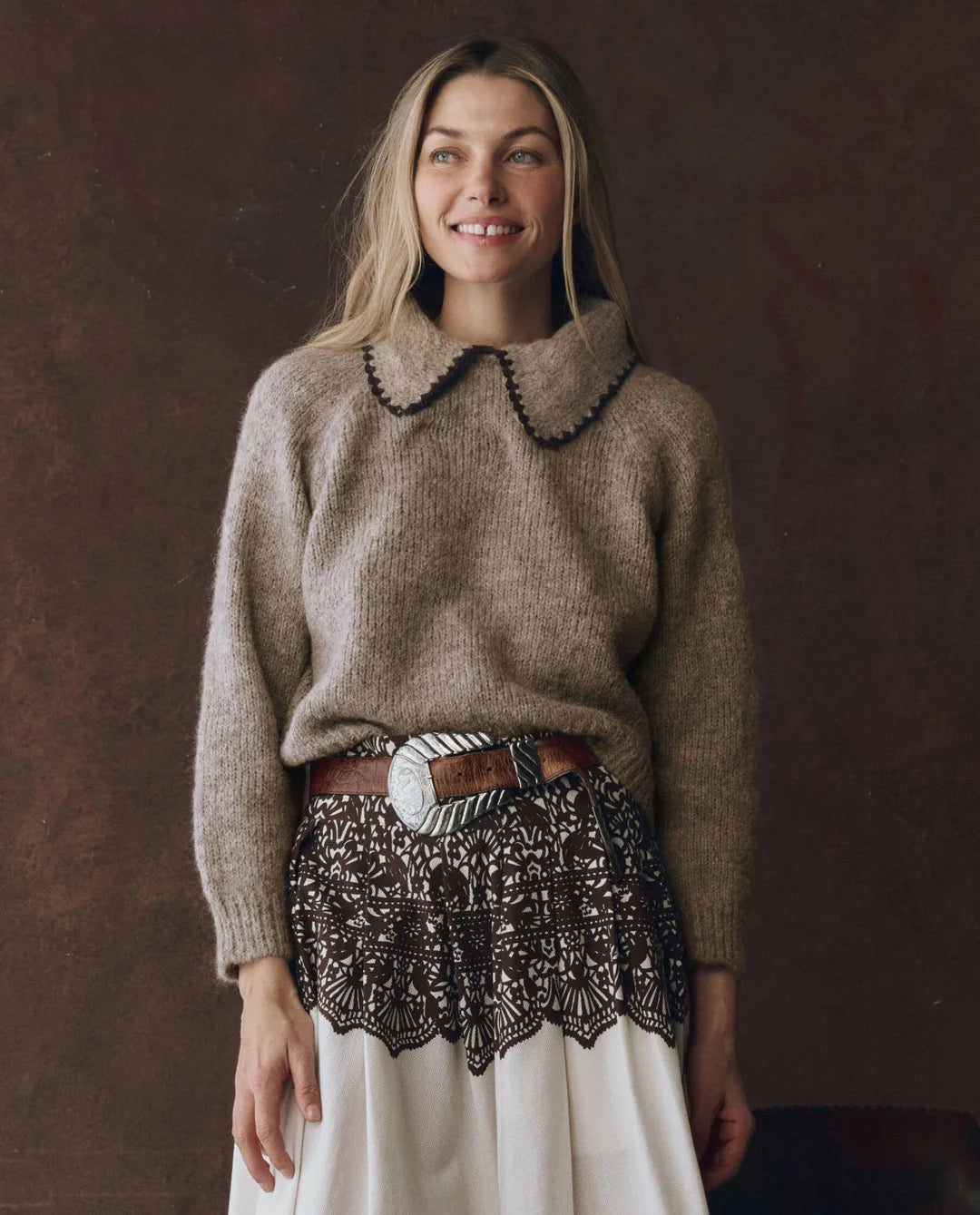 The Great The Crochet Collar Pullover Oat with Brown-The Great-Thistle Hill