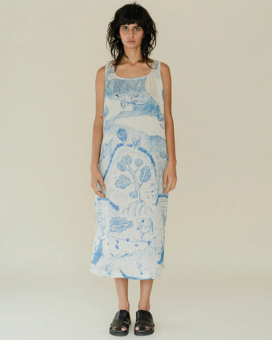Runaway Bicycle Mary Blue Printed Sleeveless Dress-Runaway Bicycle-Thistle Hill