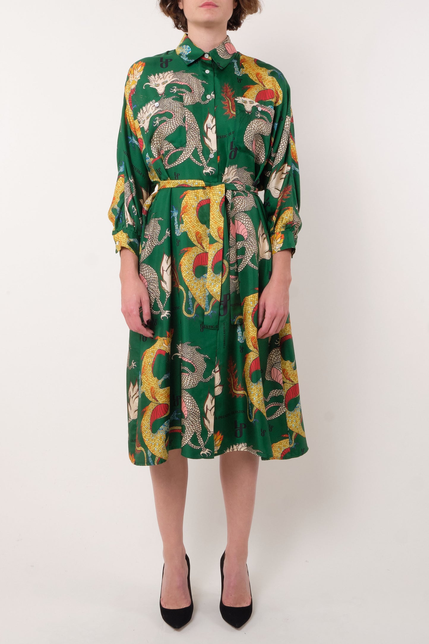 La Prestic Ouiston Green Dragon Silk Shirt Dress-La Prestic Ouiston-Thistle Hill
