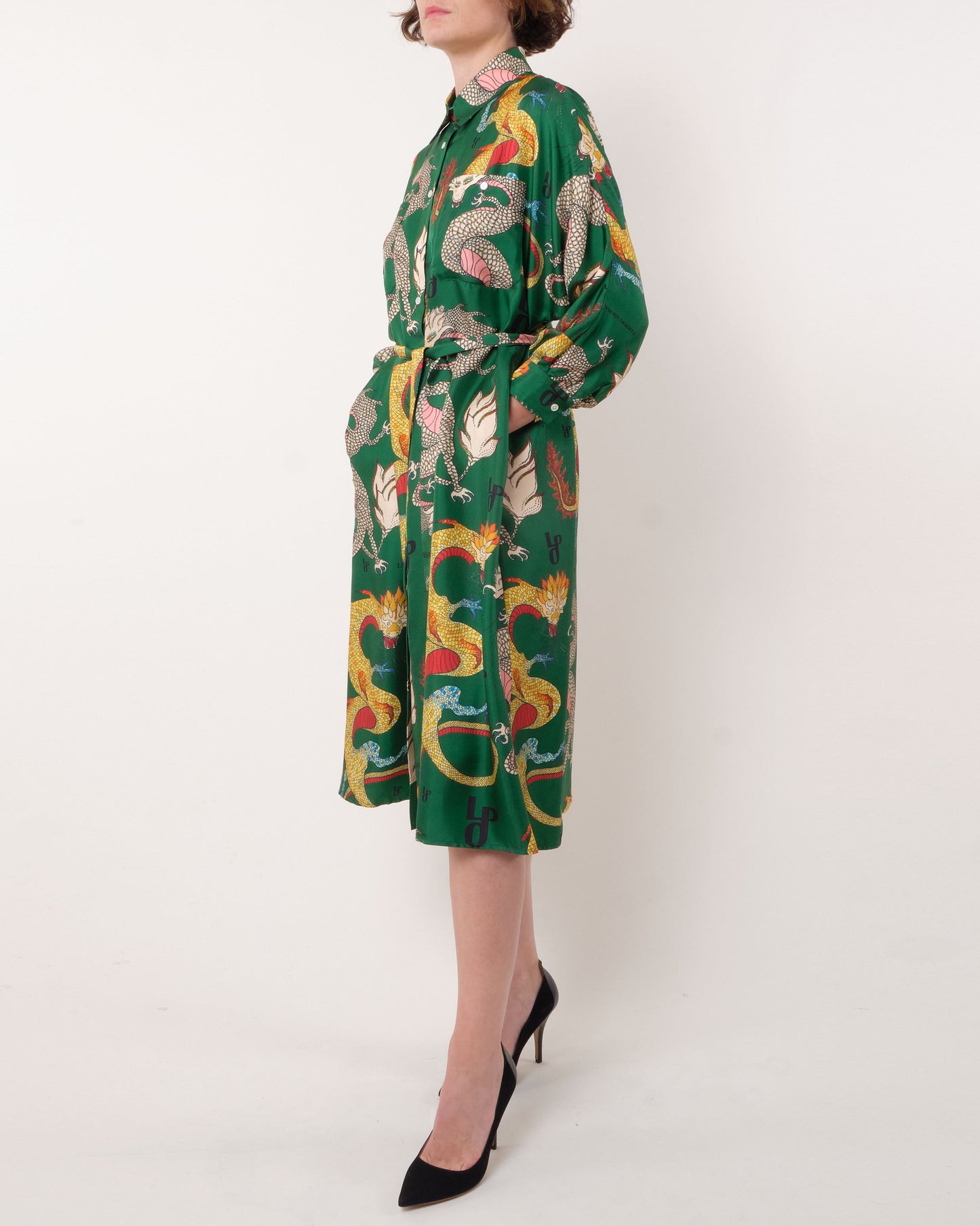 La Prestic Ouiston Green Dragon Silk Shirt Dress
