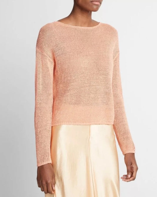 Vince  Italian Linen Drop-Shoulder Pullover Sweater Coral