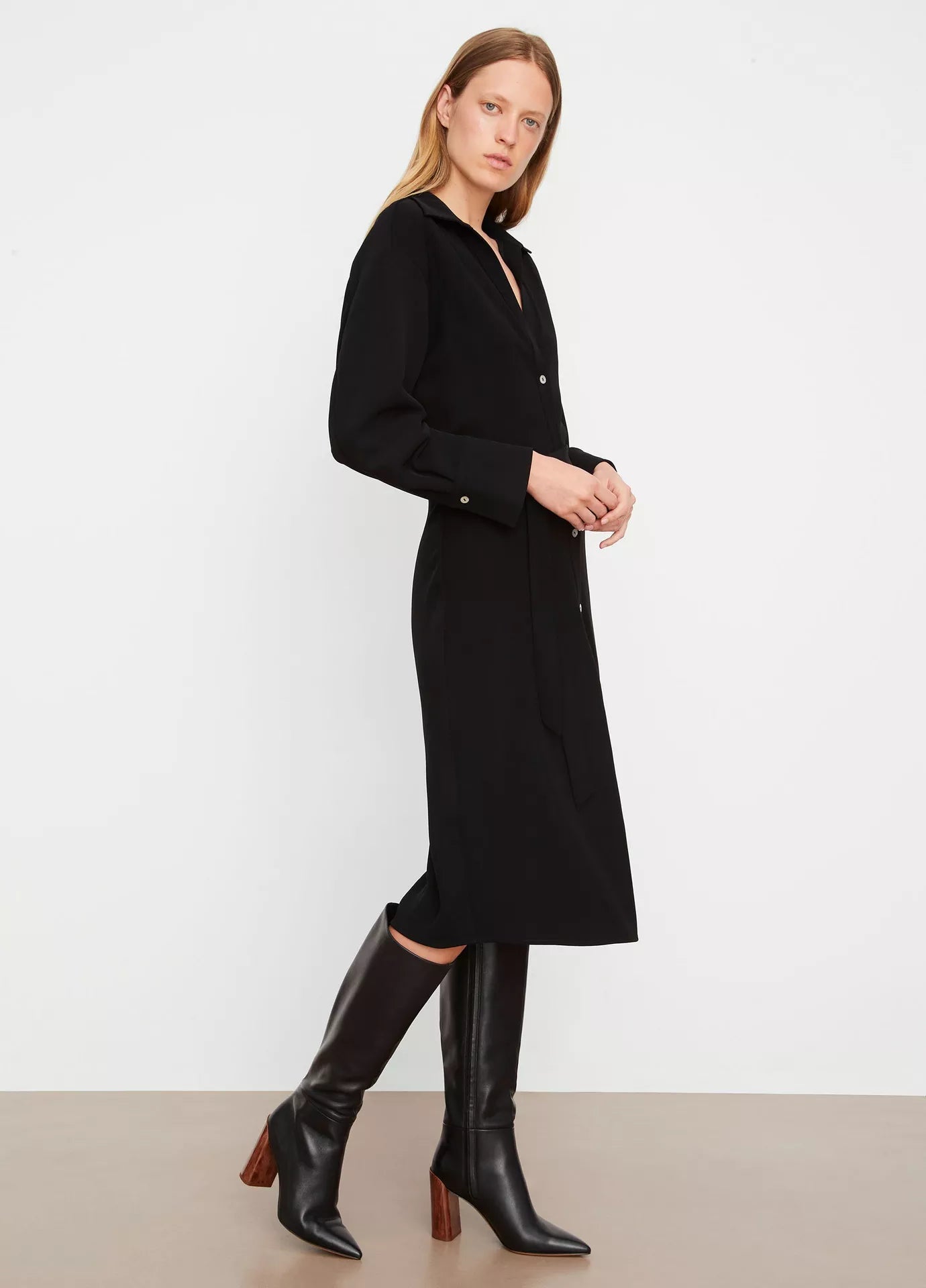 Vince Belted Long Sleeve Shirt Dress Black-Vince-Thistle Hill
