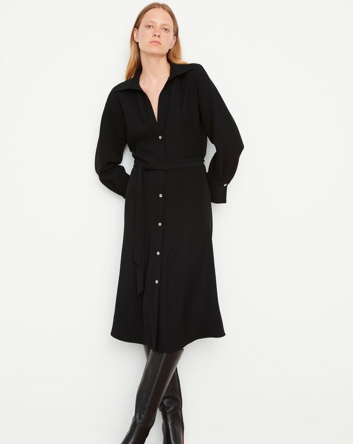 Vince Belted Long Sleeve Shirt Dress Black-Vince-Thistle Hill