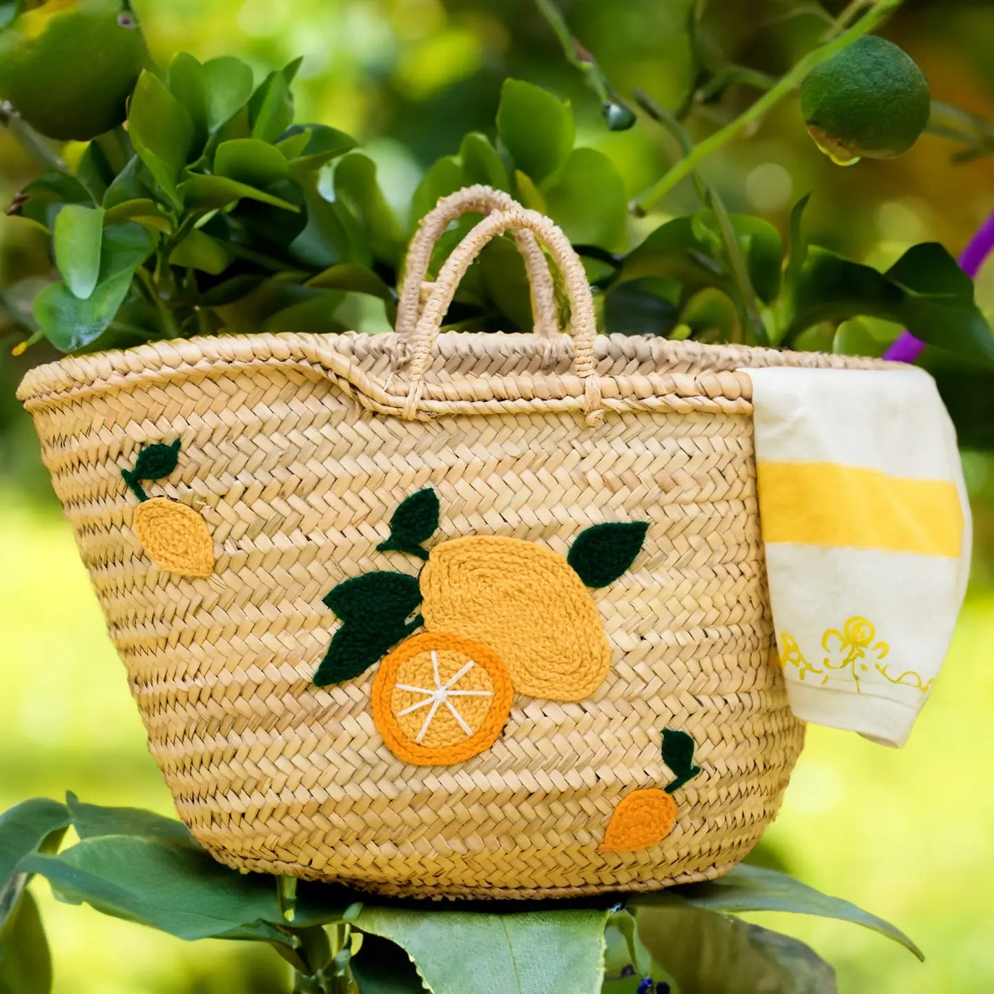 Hand Embroidered Lemon Market Basket-Thistle Hill-Thistle Hill