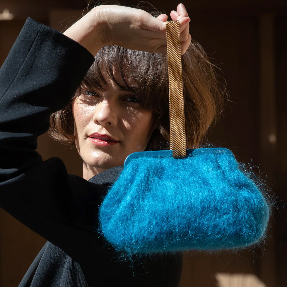 Marian Paquette Susan Mohair Clutch with Vintage Chain Teal