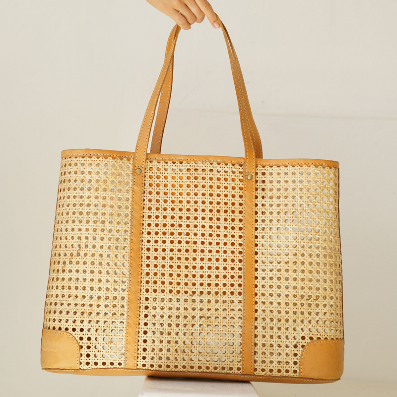 Mia Woven Cane and Leather Tote