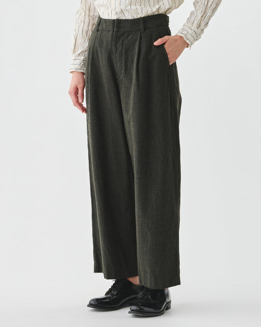 Pas de Calais Washed Cotton Wool Wide Pants Khaki-Pas De Calais-Thistle Hill