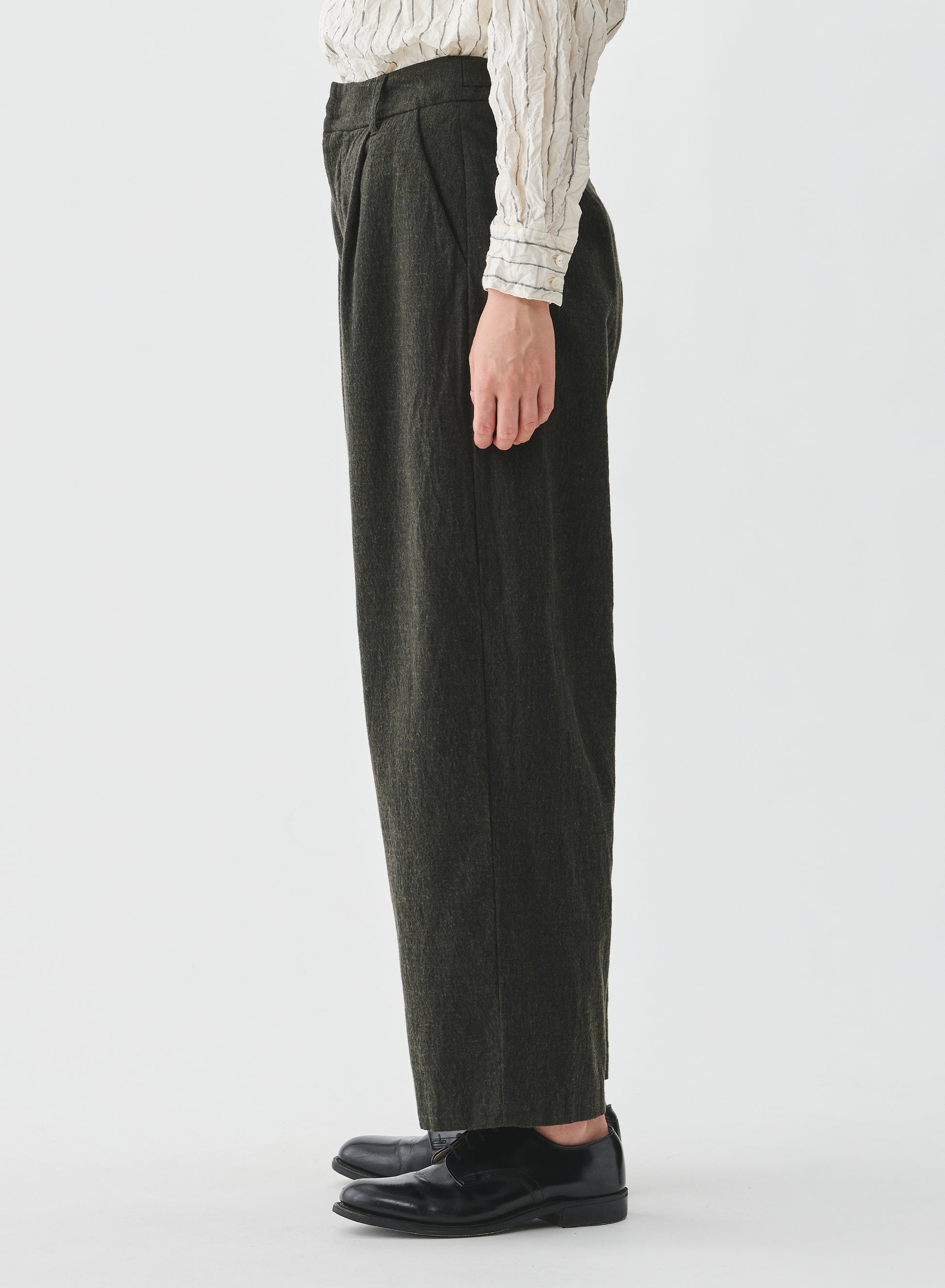 Pas de Calais Washed Cotton Wool Wide Pants Khaki-Pas De Calais-Thistle Hill