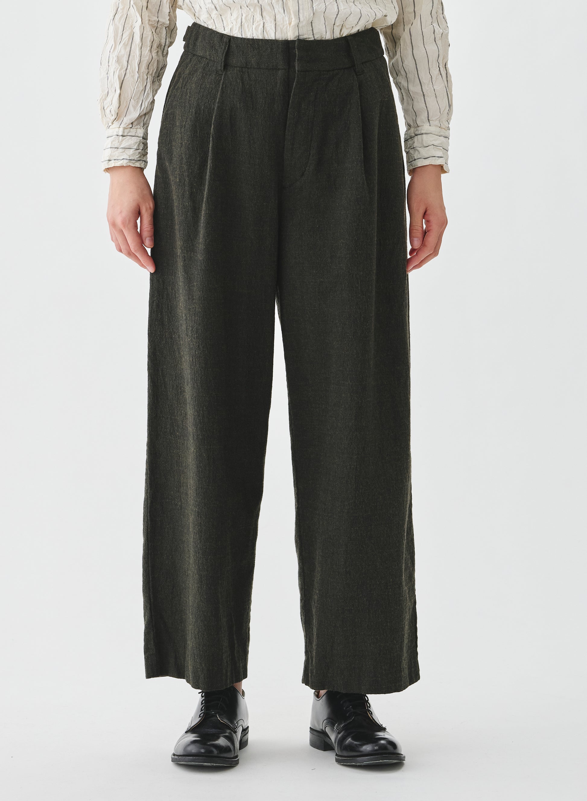 Pas de Calais Washed Cotton Wool Wide Pants Khaki-Pas De Calais-Thistle Hill