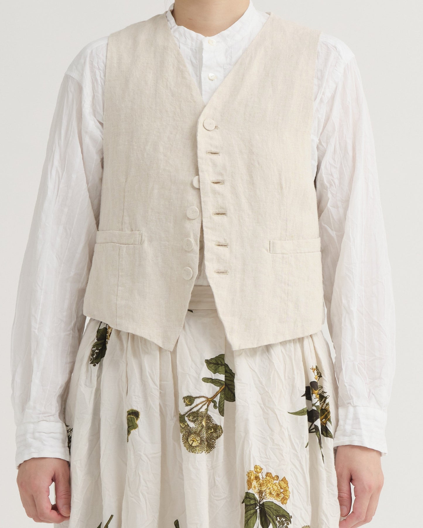 Pas De Calais LH Canvas + Yarn Dyed Stripe V Neck Vest Natural-Pas De Calais-Thistle Hill