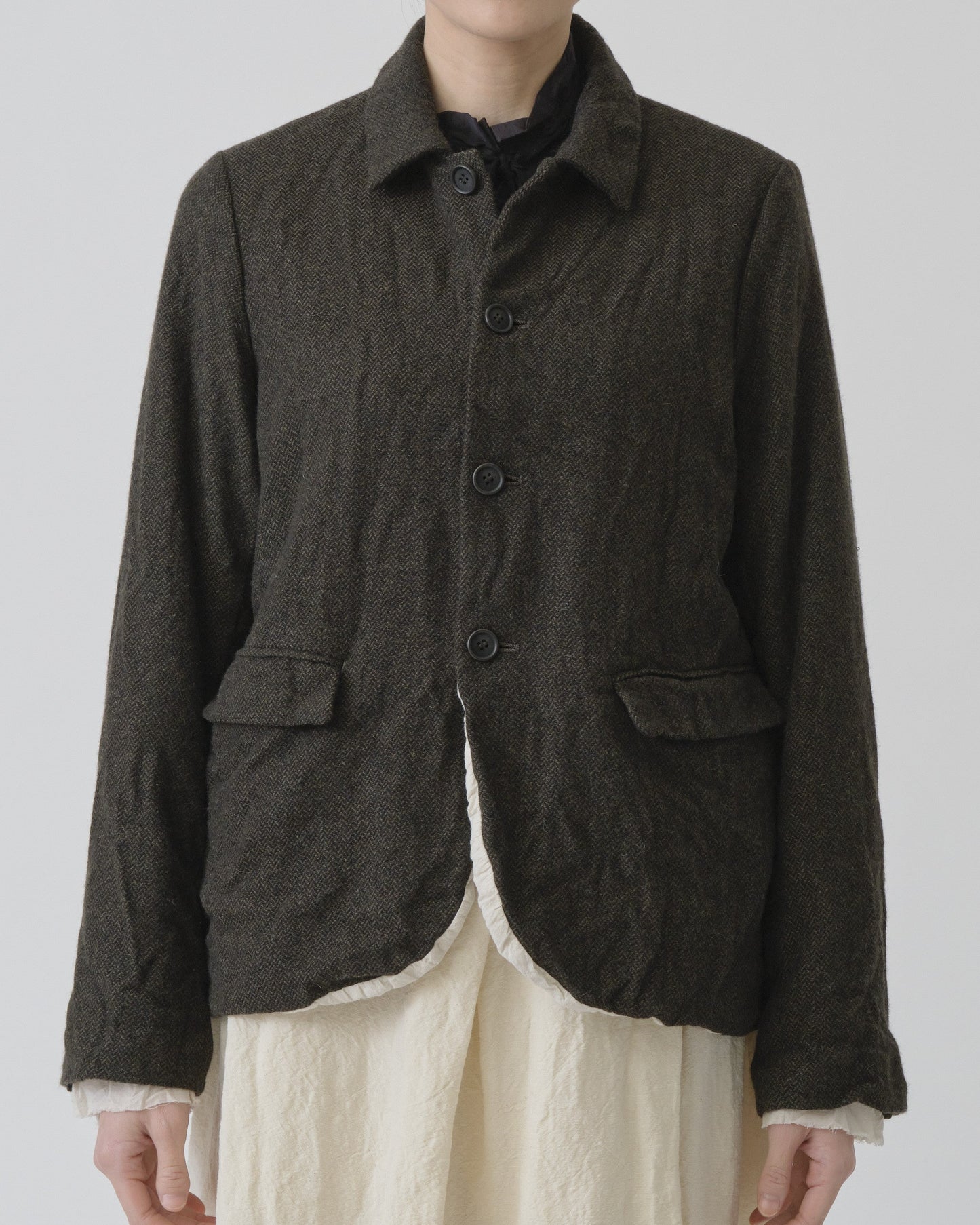 Pas de Calais Eco Wool Herringbone Short Jacket Khaki-Pas De Calais-Thistle Hill