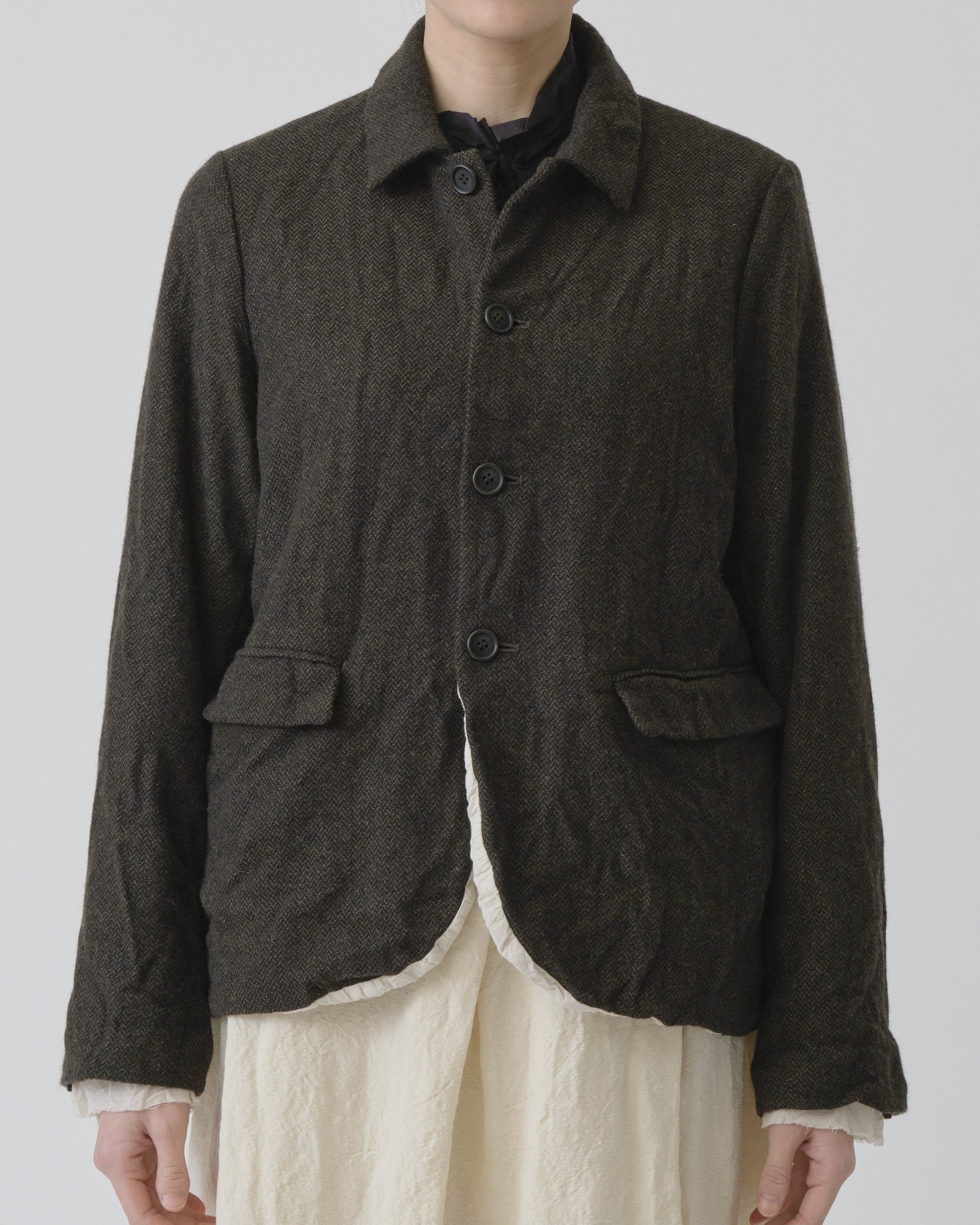 Pas de Calais Eco Wool Herringbone Short Jacket Khaki-Pas De Calais-Thistle Hill
