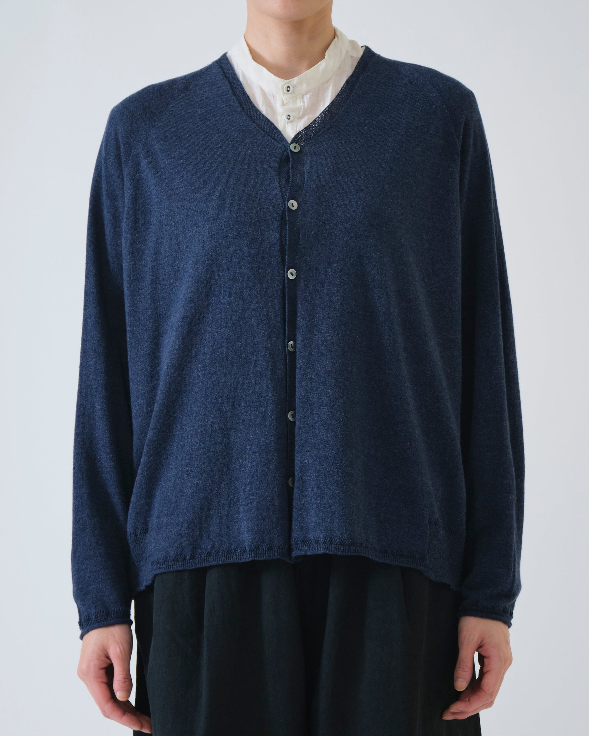 Pas de Calais Washable Cotton Linen V Neck Cardigan Indigo-Pas De Calais-Thistle Hill