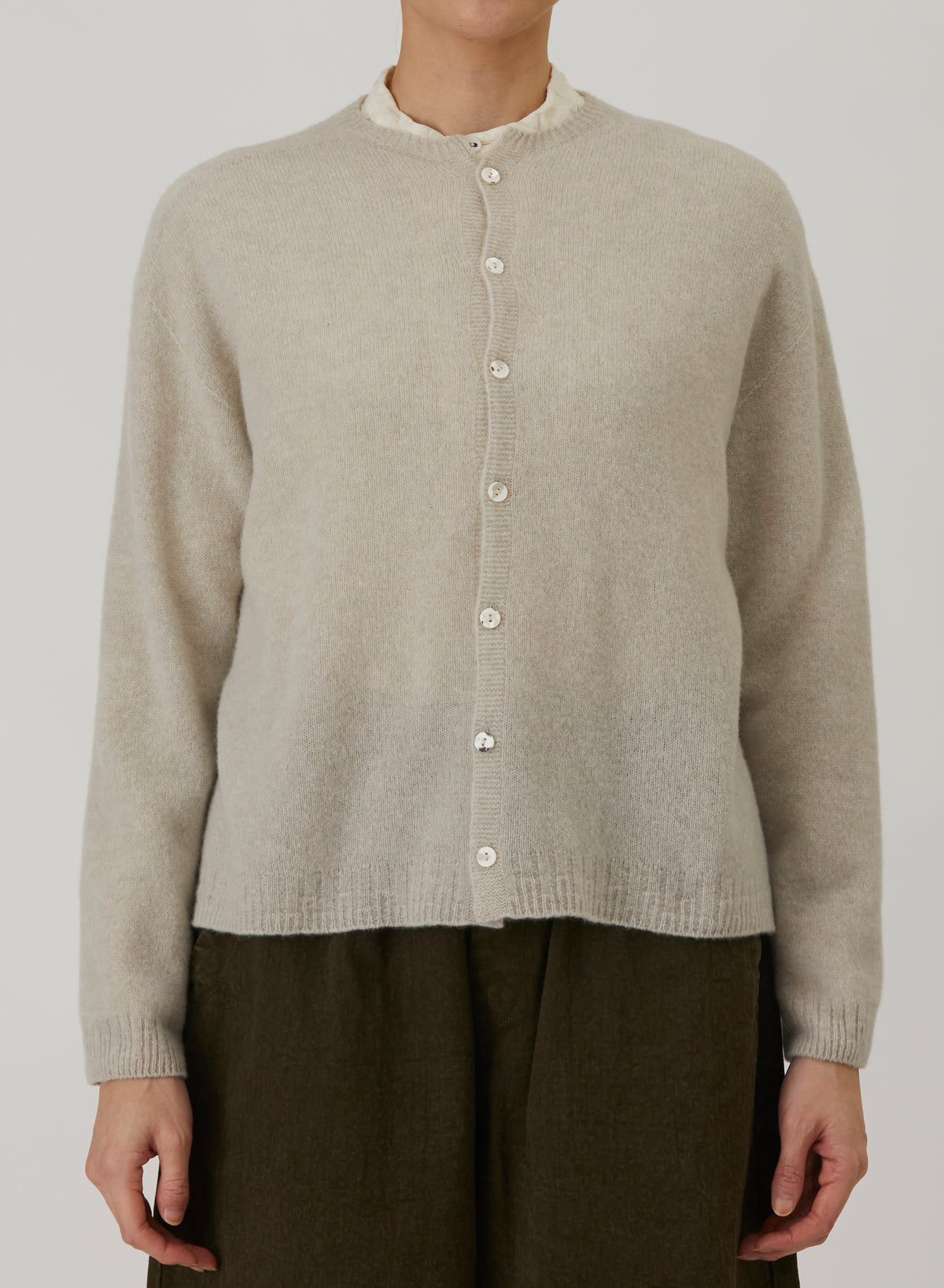 Pas De Calais Fine Wool Crewneck Cardigan Greige-Pas De Calais-Thistle Hill