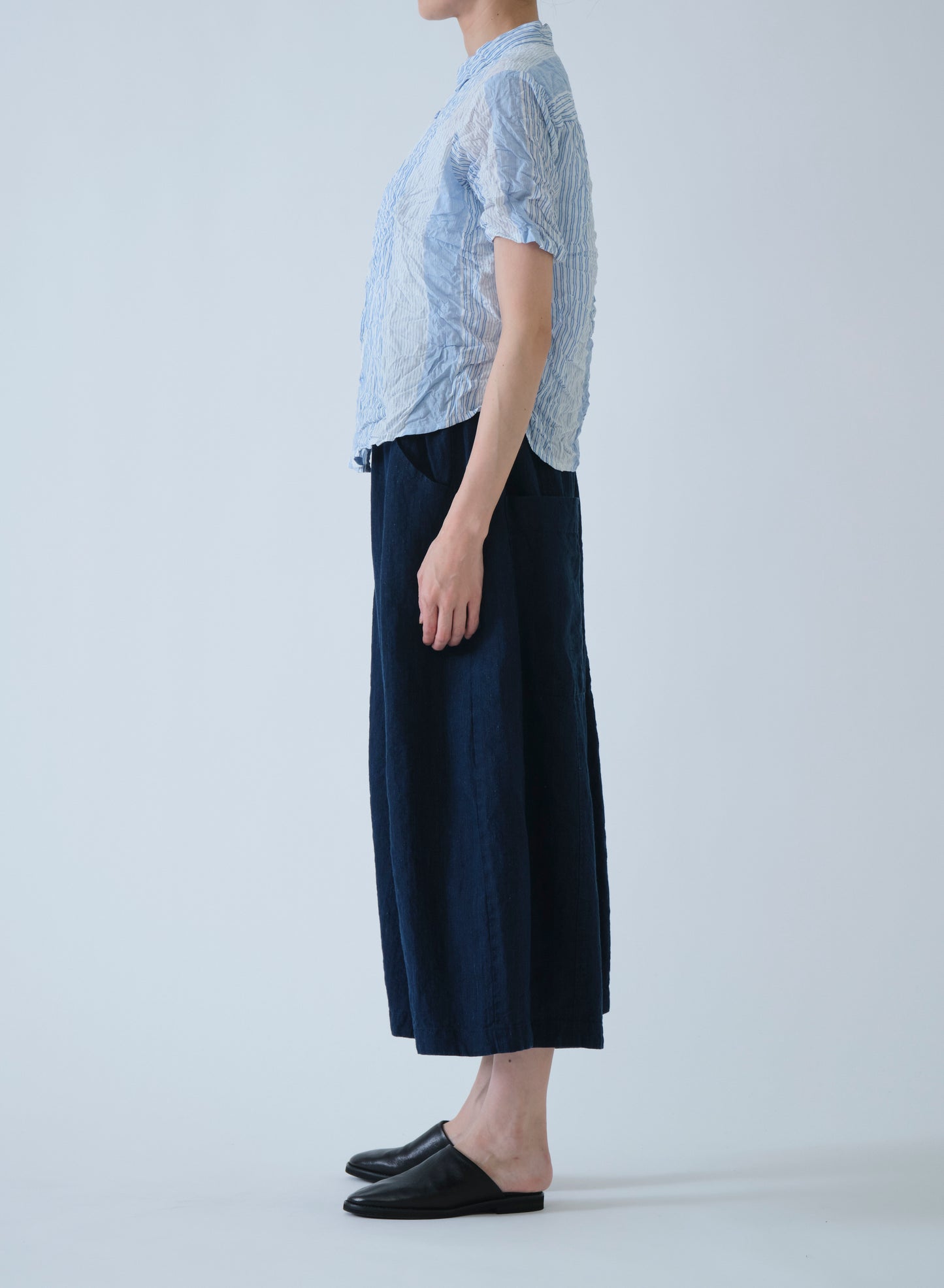 Pas de Calais Blue Shirring Stripe Short Sleeve Blouse Off White-Pas De Calais-Thistle Hill