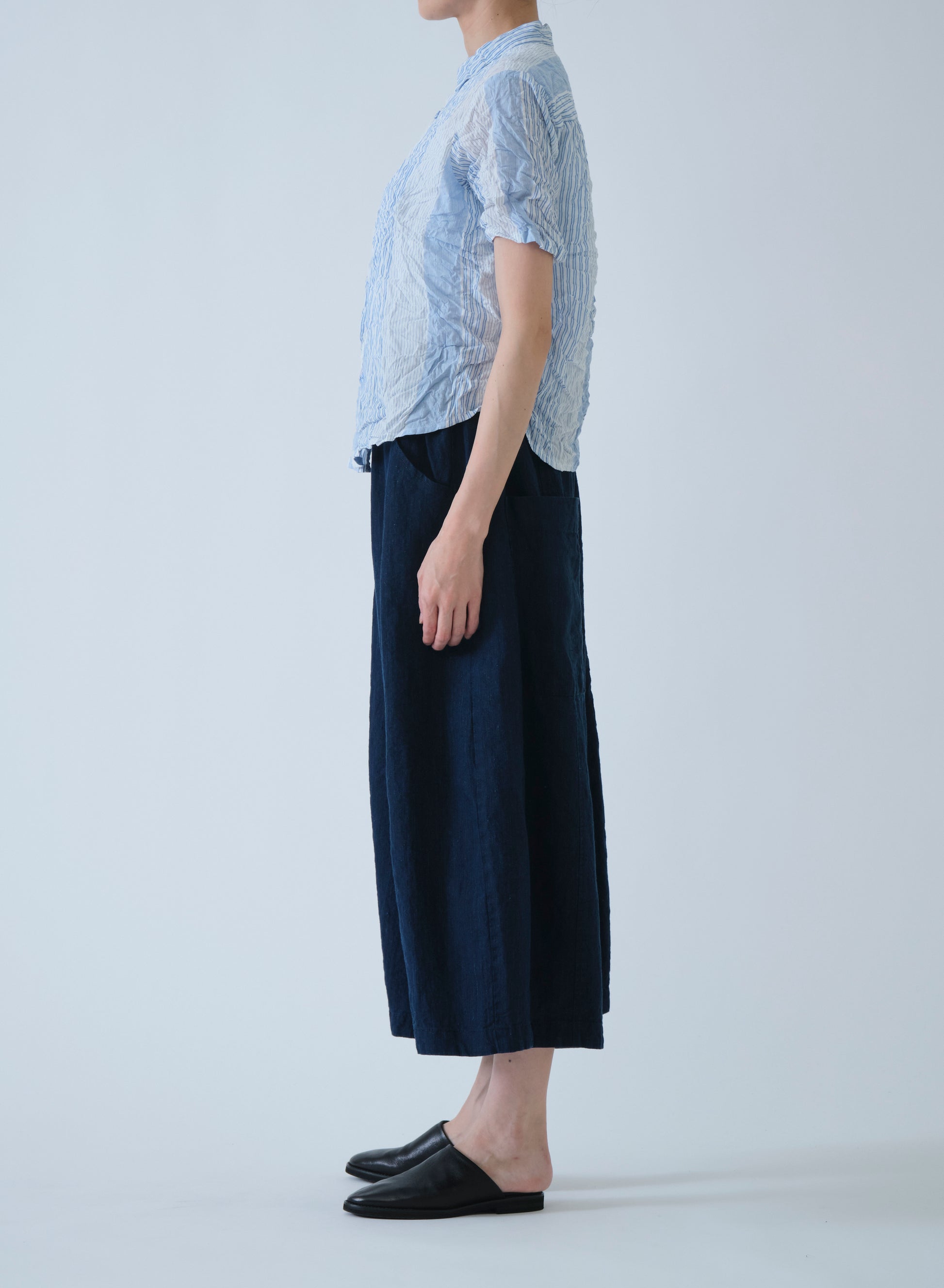 Pas de Calais Blue Shirring Stripe Short Sleeve Blouse Off White-Pas De Calais-Thistle Hill