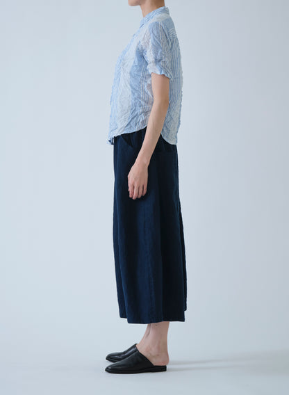 Pas de Calais Blue Shirring Stripe Short Sleeve Blouse Off White-Pas De Calais-Thistle Hill