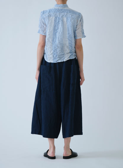 Pas de Calais Blue Shirring Stripe Short Sleeve Blouse Off White-Pas De Calais-Thistle Hill