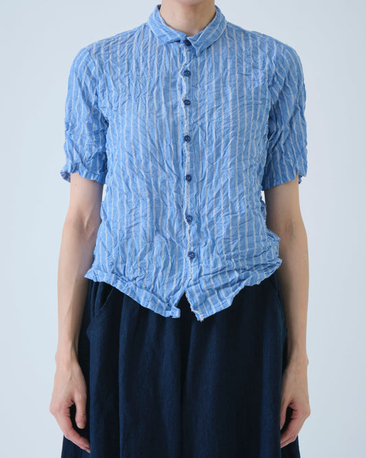 Pas de Calais Blue Shirring Stripe Short Sleeve Blouse Saxe Blue-Pas De Calais-Thistle Hill
