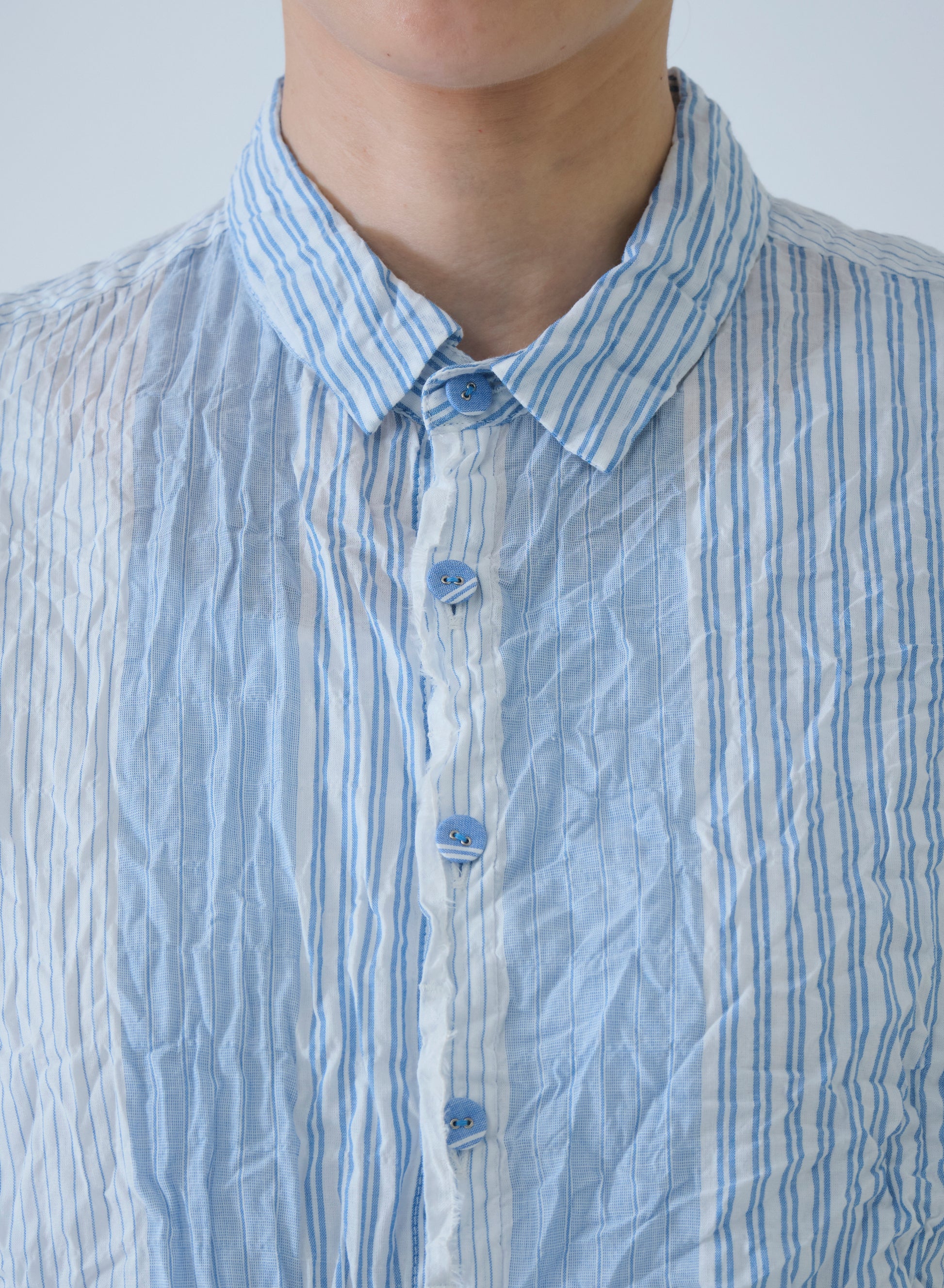 Pas de Calais Blue Shirring Stripe Short Sleeve Blouse Off White-Pas De Calais-Thistle Hill