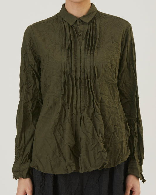 Pas De Calais Brushed Crinkle Pin-Tuck Blouse Khaki-Pas De Calais-Thistle Hill