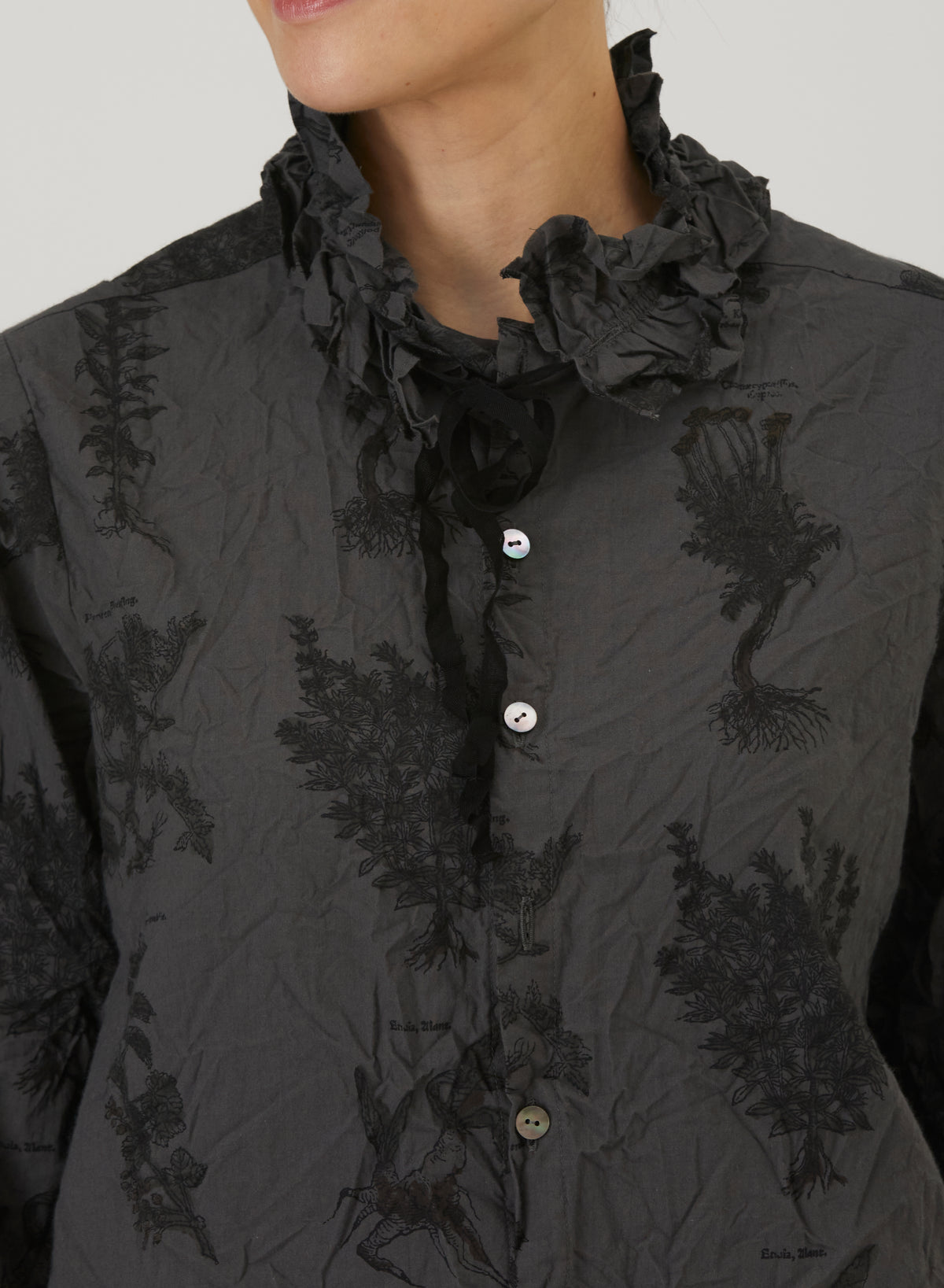 Pas De Calais Relax Herbal Print Ruffle Collarless Blouse Charcoal-Pas De Calais-Thistle Hill