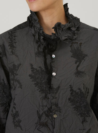 Pas De Calais Relax Herbal Print Ruffle Collarless Blouse Charcoal-Pas De Calais-Thistle Hill